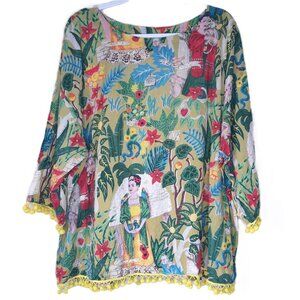 Karma Living Floral Frida Kahlo Print Pom Pom Tassel 3/4 Sleeve Cotton Top XXL
